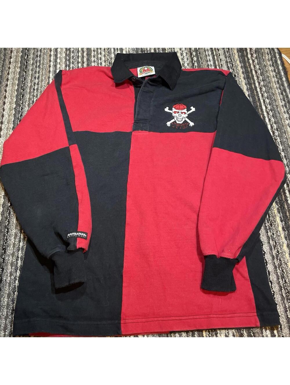 BARBARIAN Rugby Wear Men's Vintage Skull Red Black Long Sleeve Polo Shirt